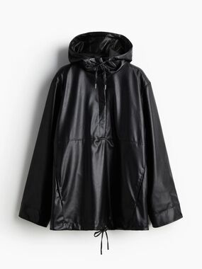 H&M Divides - Black Hooded Faux Leather Pullover Anorak Jacket